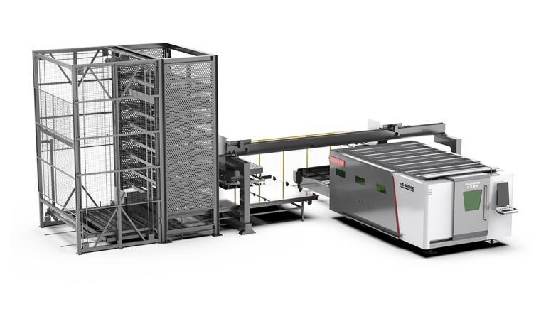 Automated material storage and retrieval system for laser cutting machine. Featured Image
